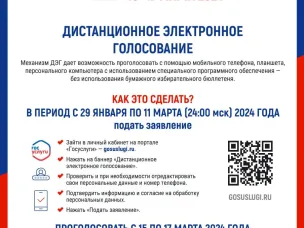Прием заявлений для участия в дистанционном электронном голосовании (ДЭГ) на выборах Президента Российской Федерации стартовал сегодня, 29 января 2024 года (с 8:00 час по мск.).  Прием заявлений продлится по 11 марта 2024 года (до 24:00 час. по мск.)